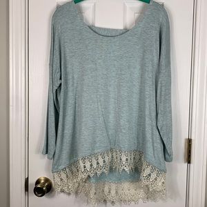 Takara mint green top with 3/4 length sleeves. Lace around the bottom. Size XL